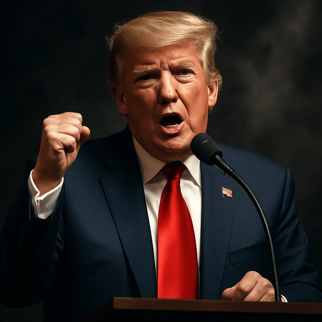 Donald Trump speaking at a podium during a dramatic moment in the US media legal battles