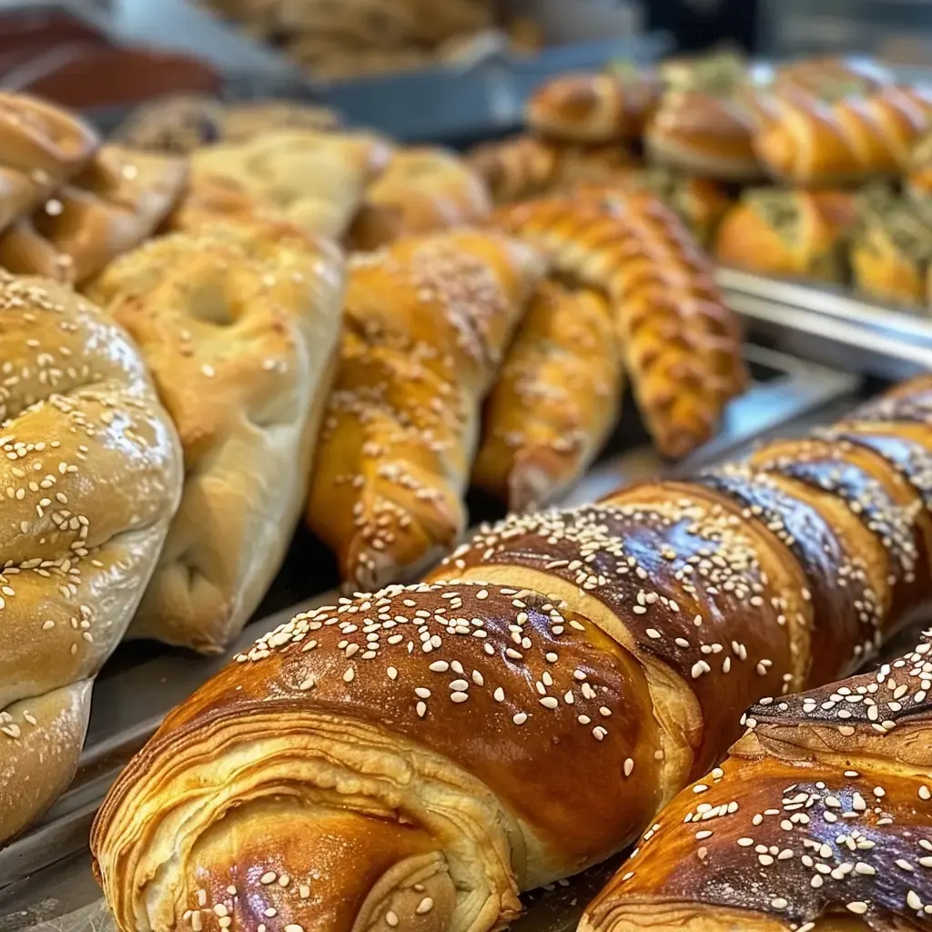 Fresh Bread and Pastries: A variety of breads, like challah, pita, and bourekas, which are flaky pastries filled with cheese or spinach.