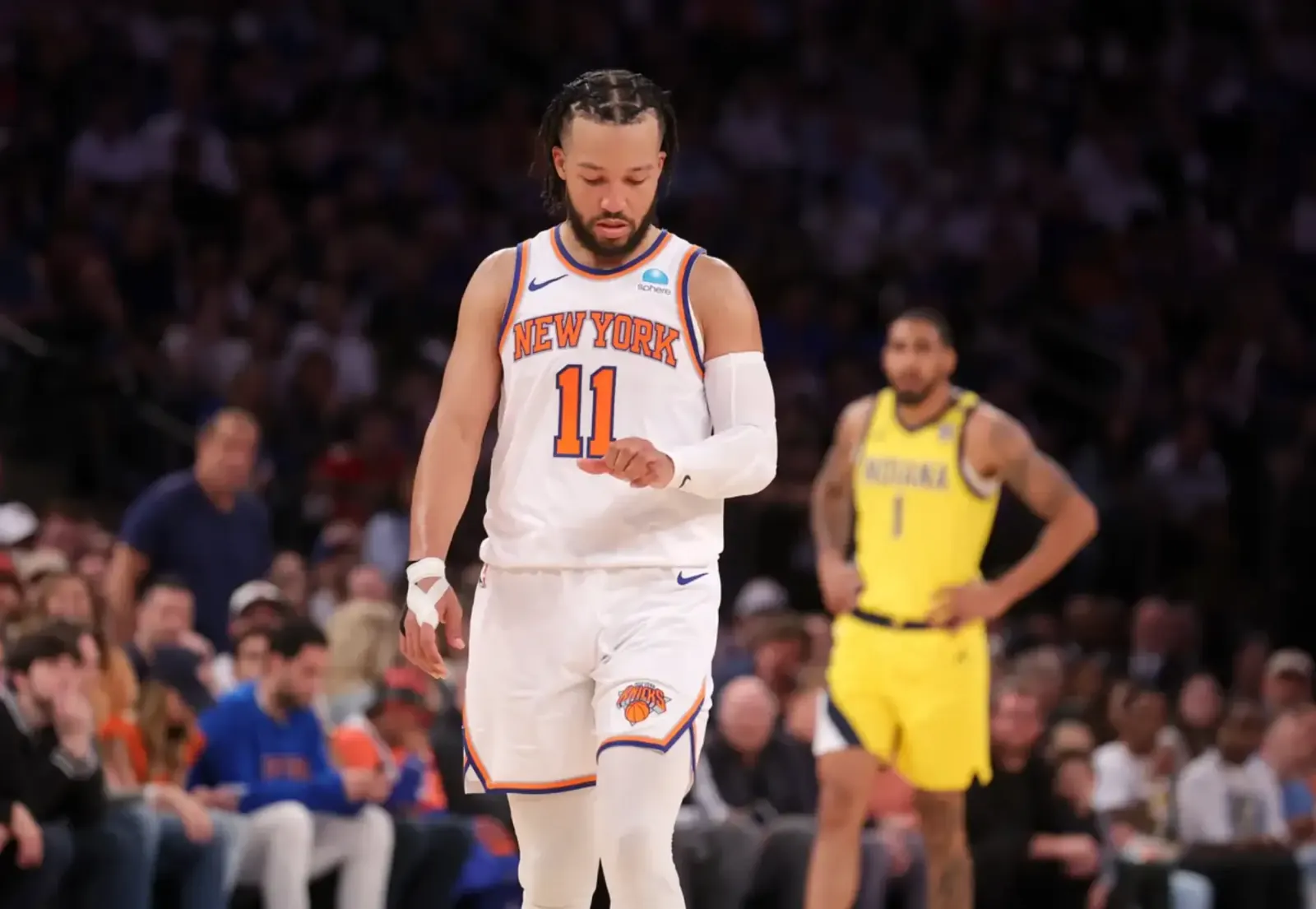 New York Knicks players during a 2024 NBA game