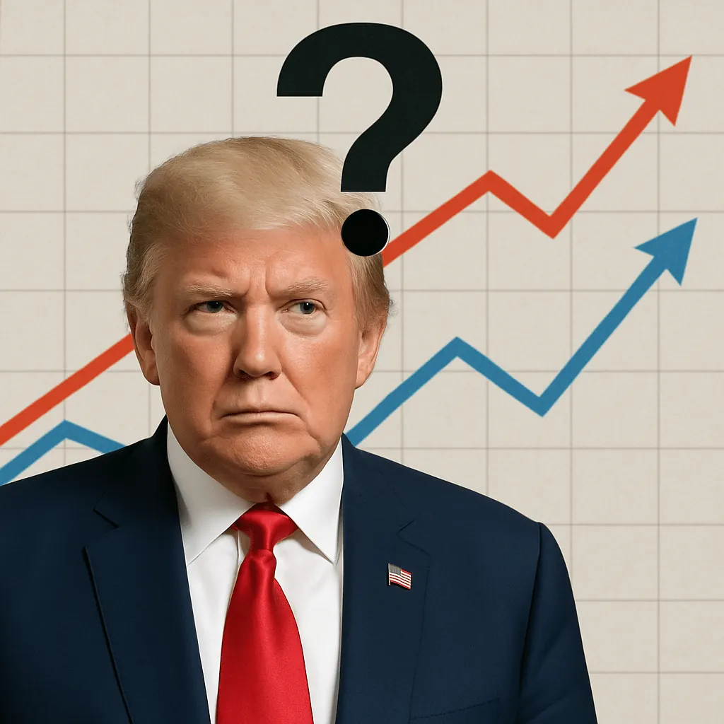 Donald Trump stands in front of a financial chart showing diverging growth and decline lines due to tariffs with a large question mark above his head, symbolizing economic uncertainty.