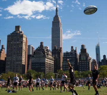 Players engaging in a New York Rugby match on a sunny day.