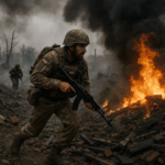 Ukraine soldier advances through frontline battlefield amid smoke and fire during ongoing conflict.