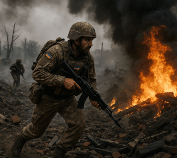 Ukraine soldier advances through frontline battlefield amid smoke and fire during ongoing conflict.