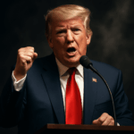 Donald Trump speaking at a podium during a dramatic moment in the US media legal battles