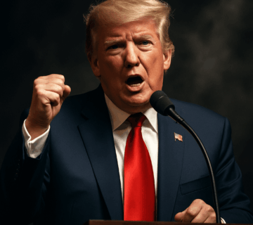 Donald Trump speaking at a podium during a dramatic moment in the US media legal battles