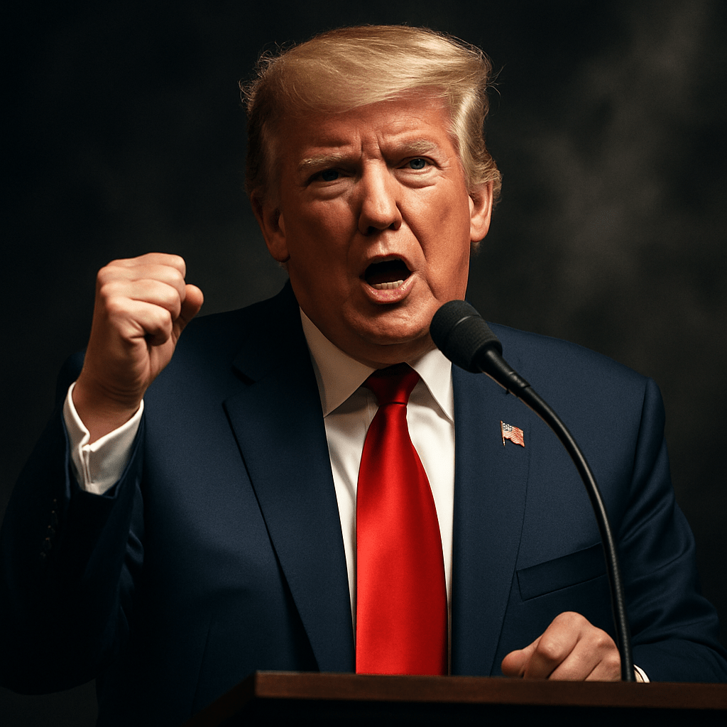 Donald Trump speaking at a podium during a dramatic moment in the US media legal battles