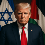 Donald Trump's speech standing between Israeli and Palestinian flags during his Israel war speech.