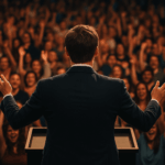 Charlie Kirk on stage with his back to the camera, facing a cheering crowd capturing a powerful moment before the news of Charlie Kirk dead shook the nation.
